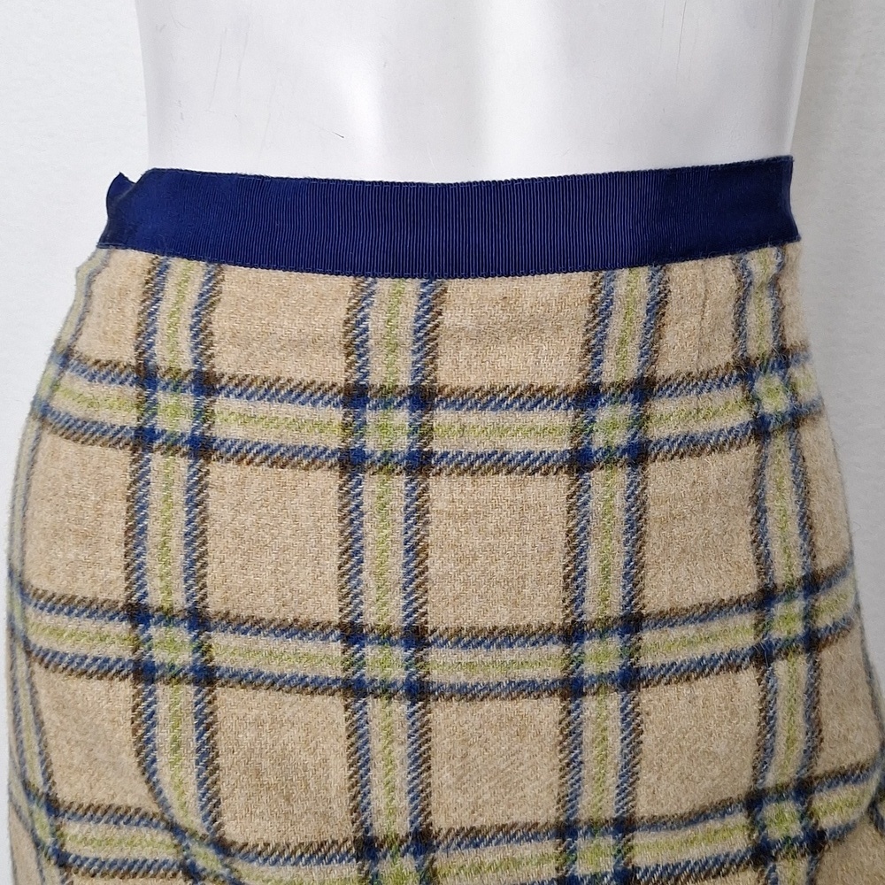 Boden Beige Plaid Wool-Blend A-Line Skirt with Navy Trim - Picture 3 of 12